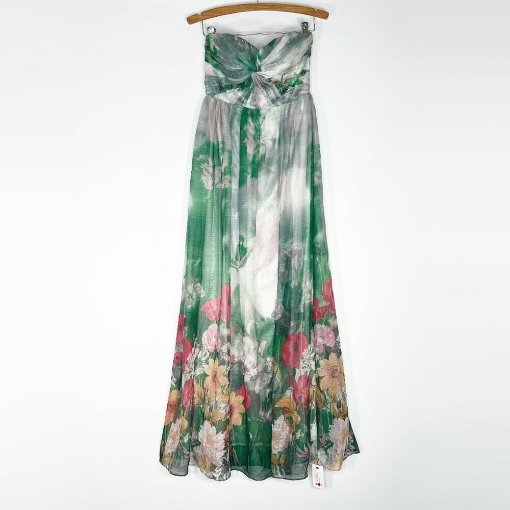 Minuet Floral Chiffon Strapless Midi Maxi Dress Green Pink NWT